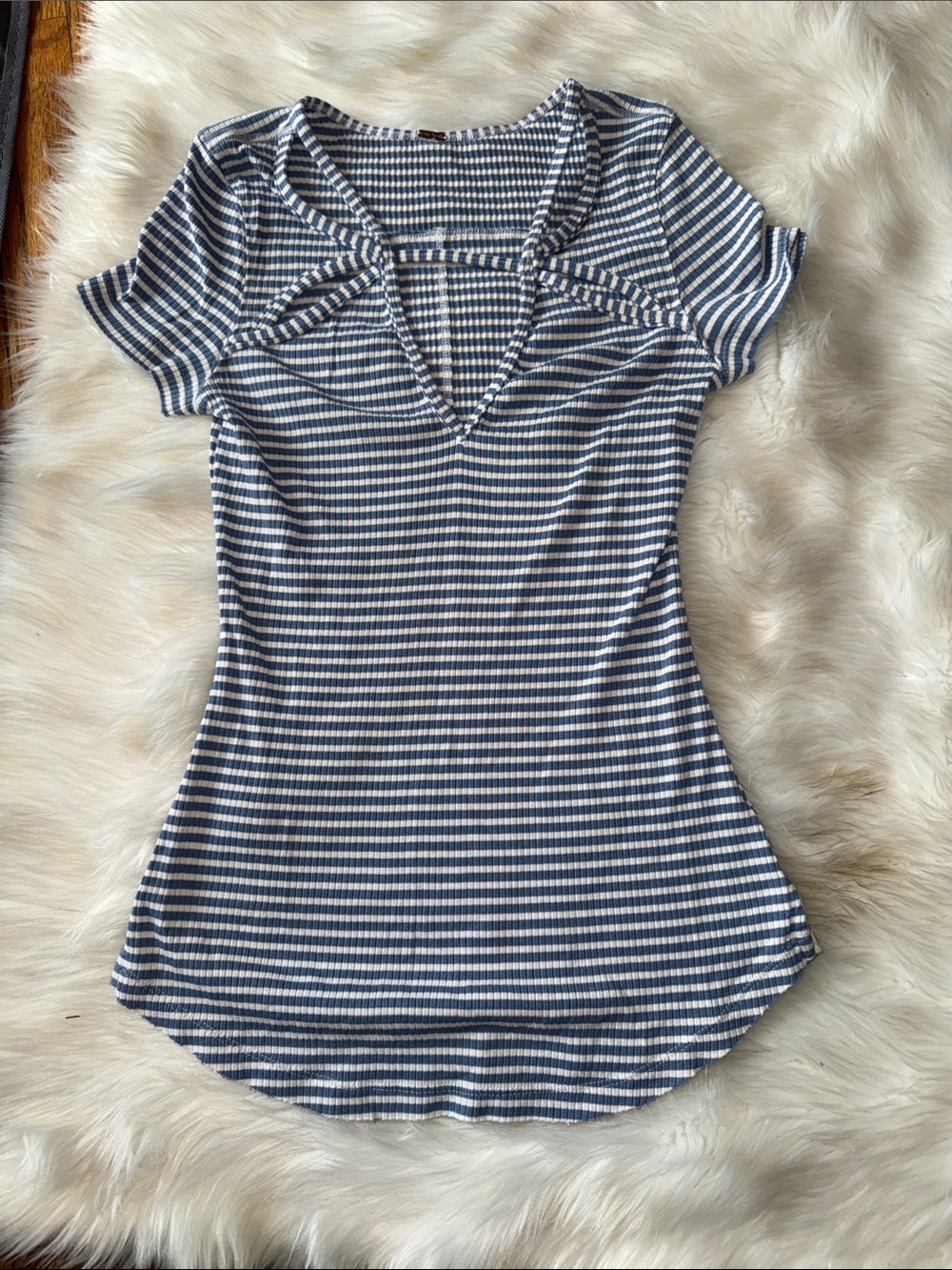 Free People Navy and White Striped Short Sleeve V-Neck Tee